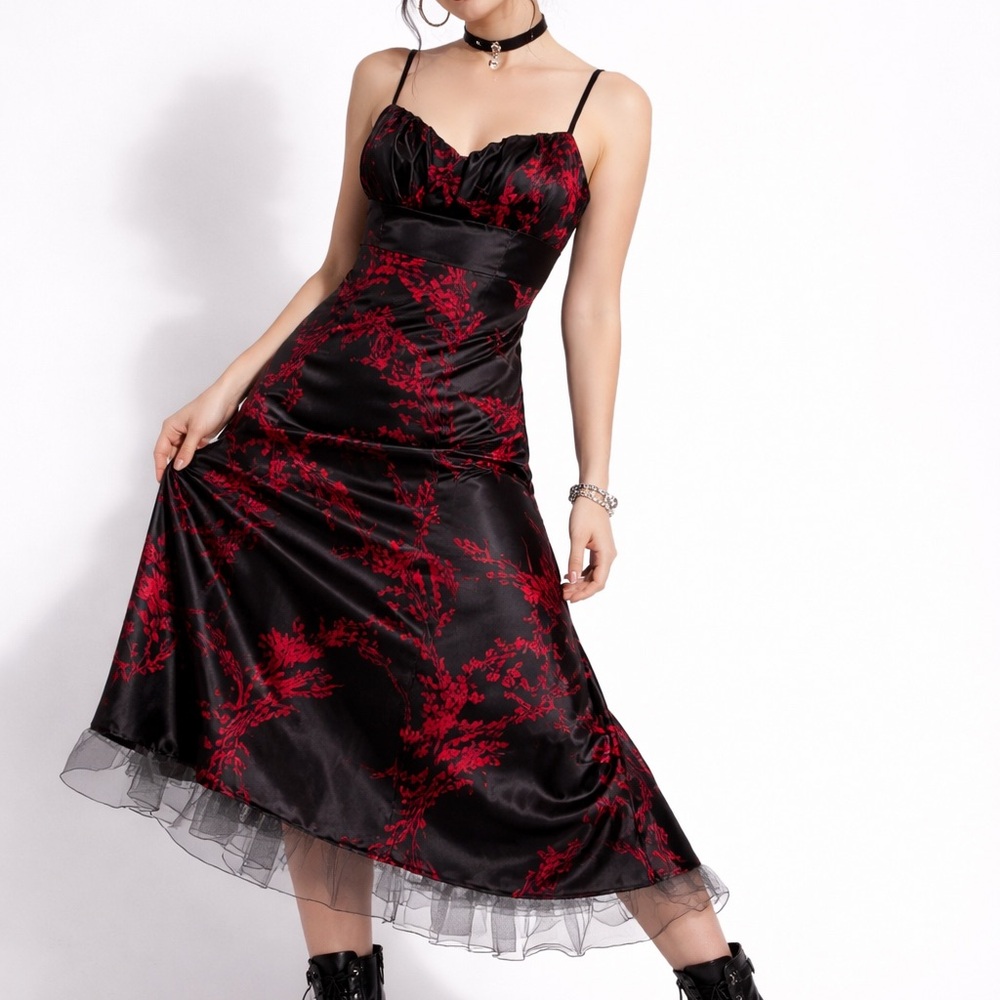 Vintage Y2K Black Red Midi Dress Babydoll Cherry Bossom Satin Tulle Tie Bow 12